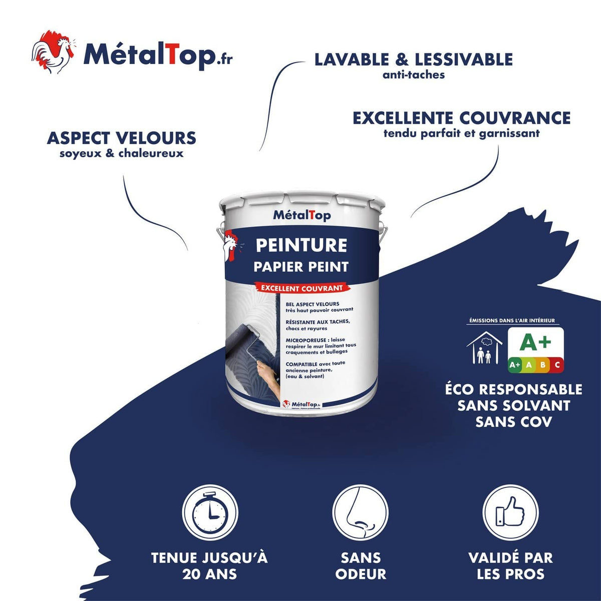 Pot de peinture papier peint MétalTop bleu marine, aspect velours et excellent couvrant