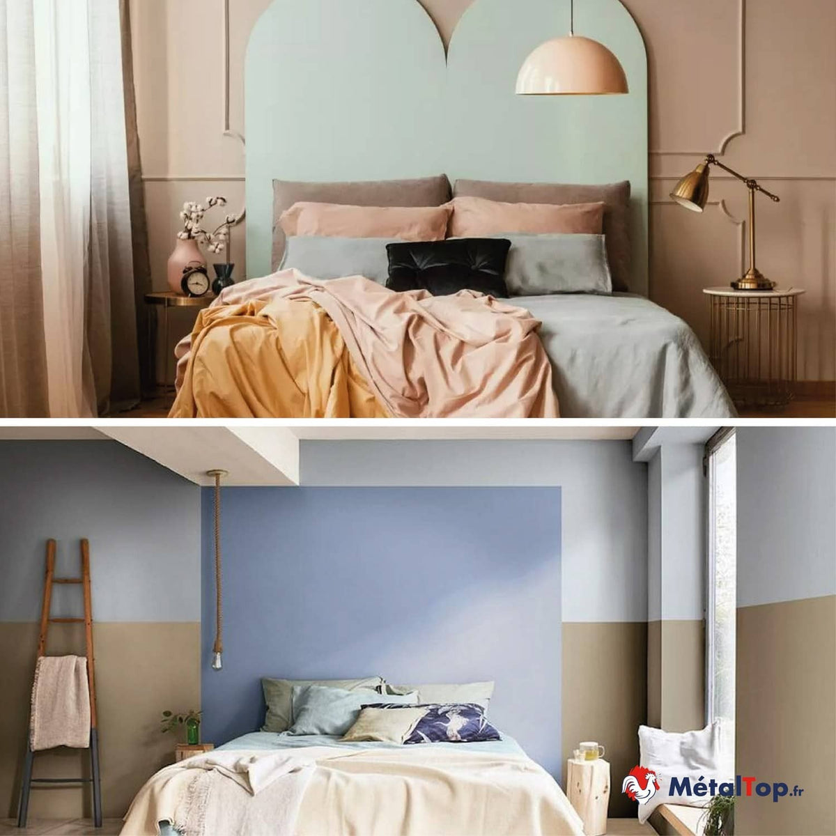 Chambres aux peintures pastel : tête de lit verte arrondie et mur bleu, soubassement beige