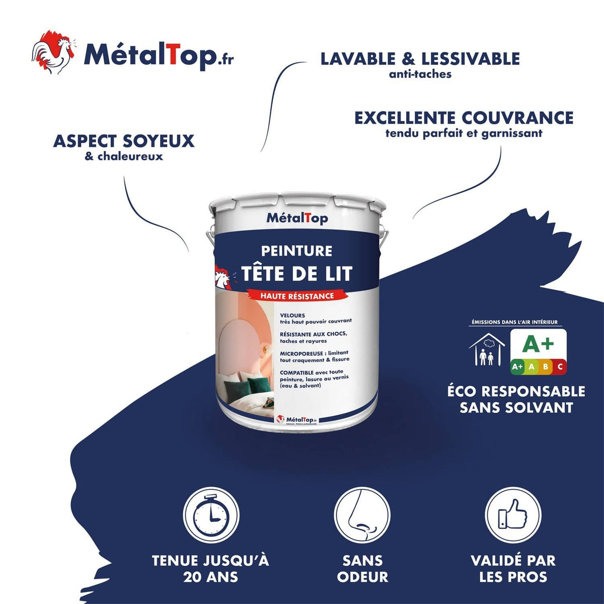 Pot de peinture MétalTop Tête de Lit haute résistance, velours, lavable, sans solvant
