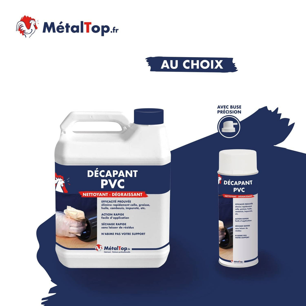 Décapant PVC nettoyant dégraissant MétalTop en bidon et en aérosol avec buse précision