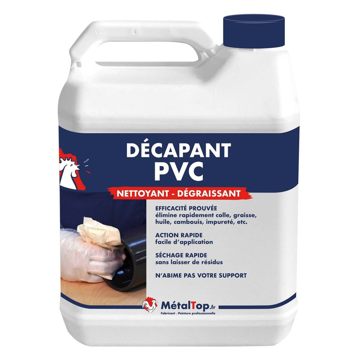 Bidon blanc de décapant PVC MétalTop, nettoyant et dégraissant, à étiquette bleue et rouge