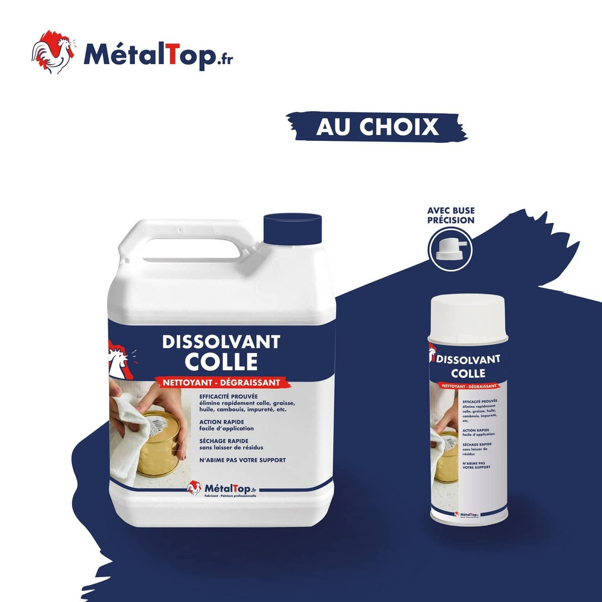 Dissolvant colle MétalTop en bidon et en spray avec buse précision, nettoyant dégraissant