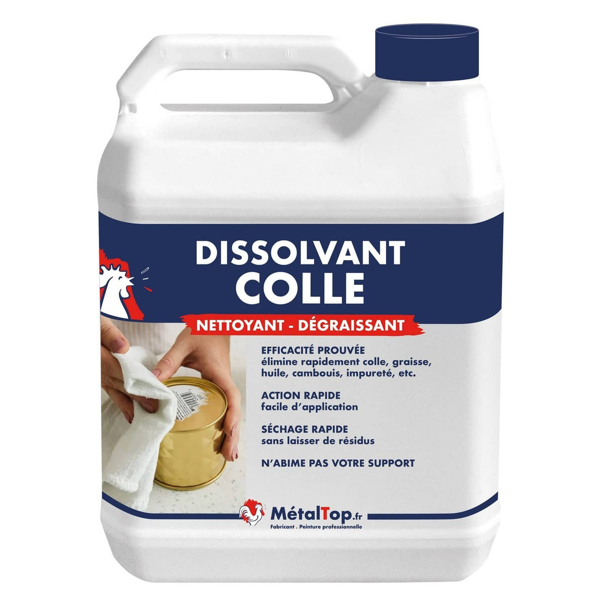 Bidon blanc de dissolvant colle MétalTop, nettoyant et dégraissant
