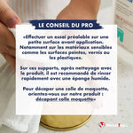 Conseil du pro : tester le décapant colle moquette sur petite surface avant application et rincer à l'éponge humide