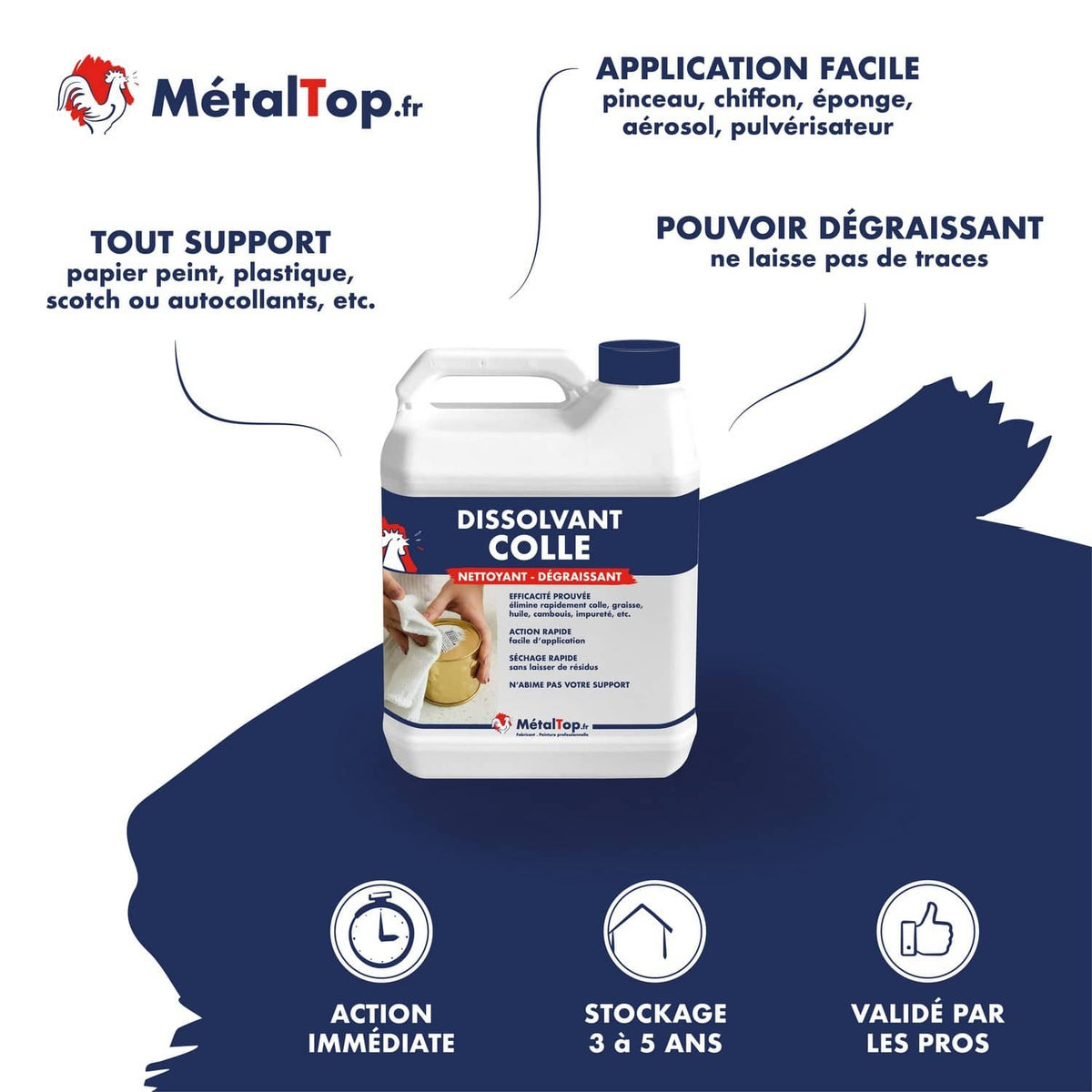 Bidon de dissolvant colle MétalTop, nettoyant et dégraissant, sur fond blanc
