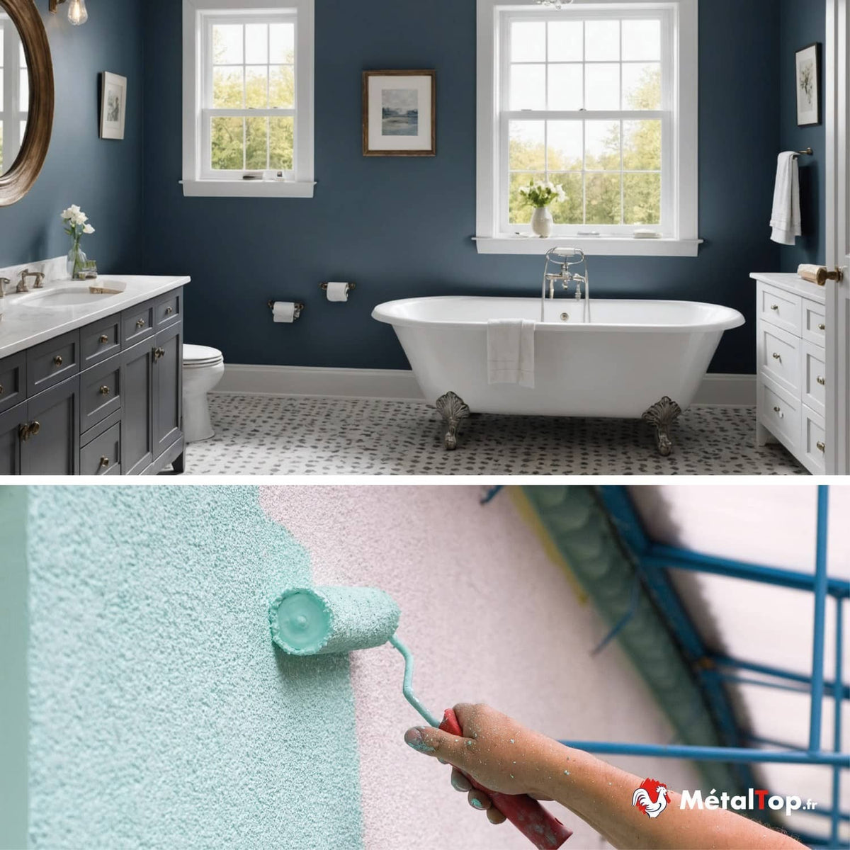 Salle de bain bleu avec baignoire ancienne et meuble gris ; mur peint en vert menthe au rouleau