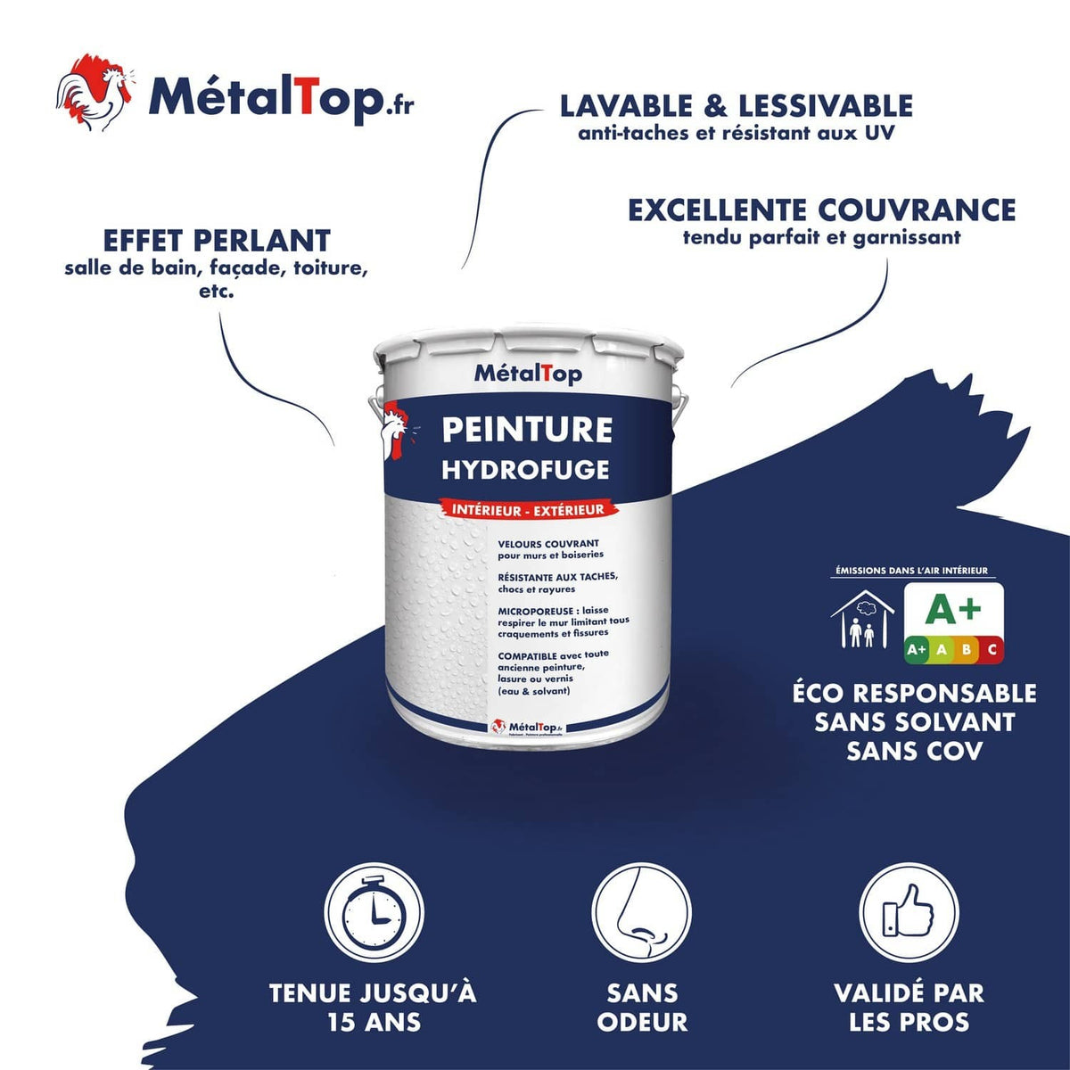 Pot de peinture hydrofuge MétalTop intérieur-extérieur, lavable, couvrant, tenue jusqu'à 15 ans