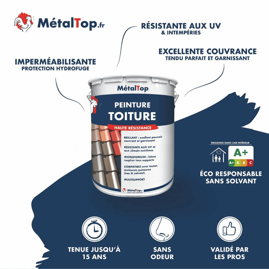 Pot de peinture toiture MetalTop haute résistance, résistant aux UV et imperméabilisant