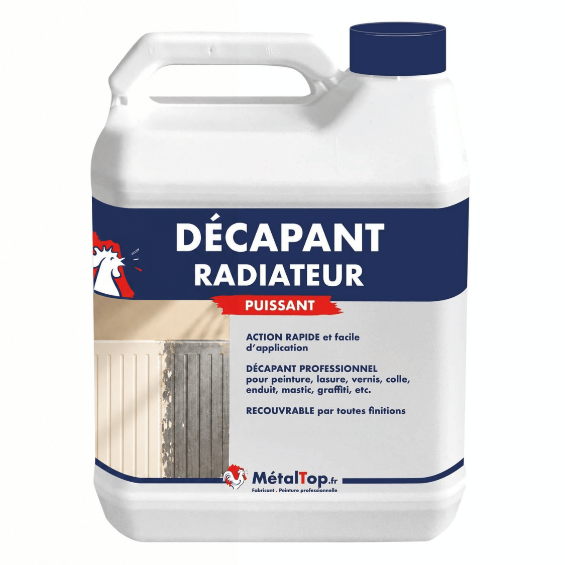 Bidon blanc de décapant radiateur puissant MétalTop avec bouchon bleu