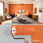 Chambre aux murs orange et lit crème ; rouleau appliquant la peinture orange sur un mur texturé