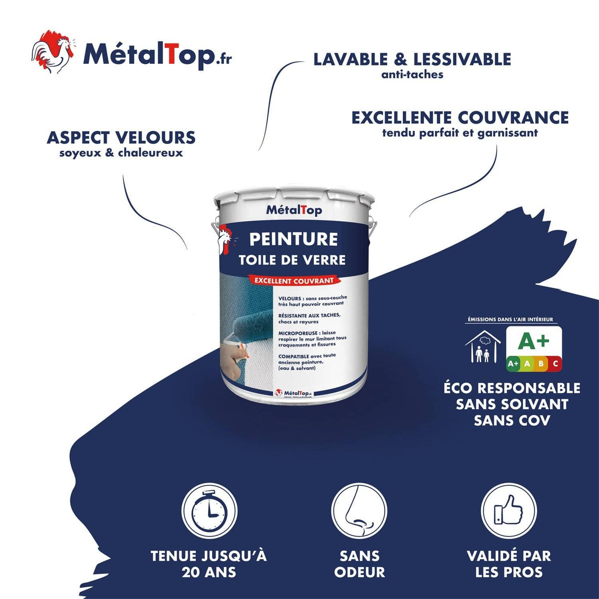 Pot de peinture Toile de verre MétalTop, finition velours, excellent couvrant, lavable, sans solvant