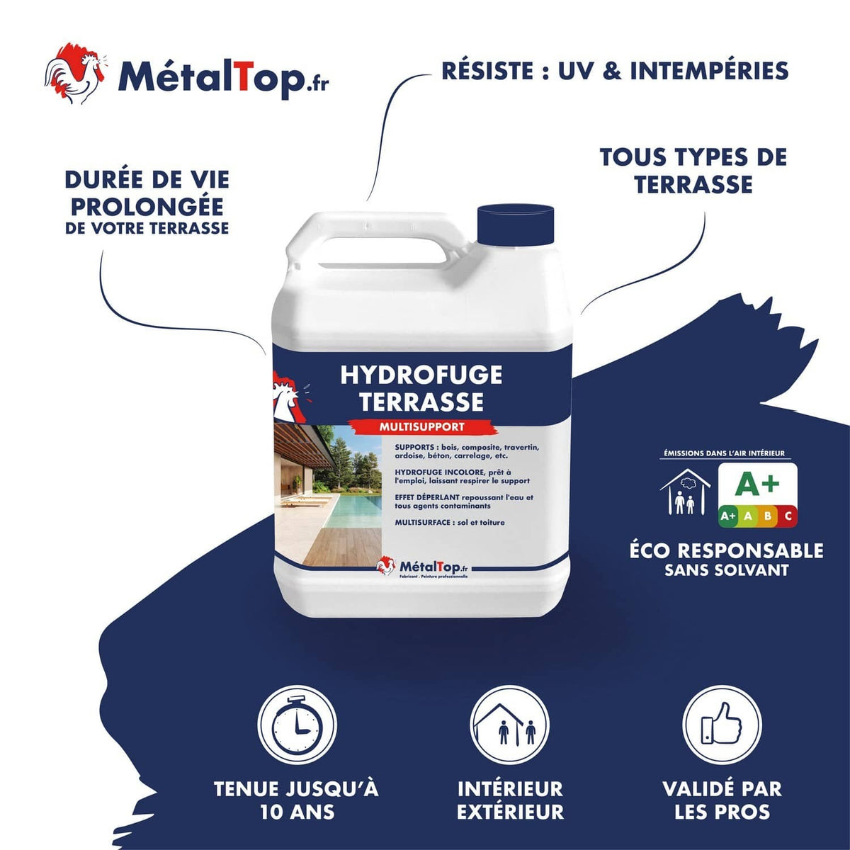 Bidon d'hydrofuge terrasse MétalTop incolore, multisupport pour bois, béton et carrelage