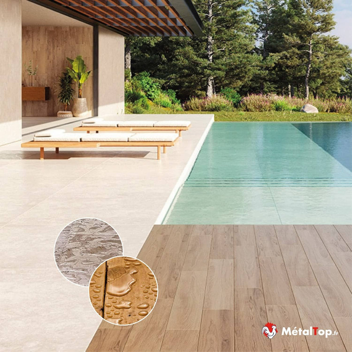 Terrasse effet pierre beige et lames de bois près d'une piscine à débordement, zooms sur la résistance à l'eau