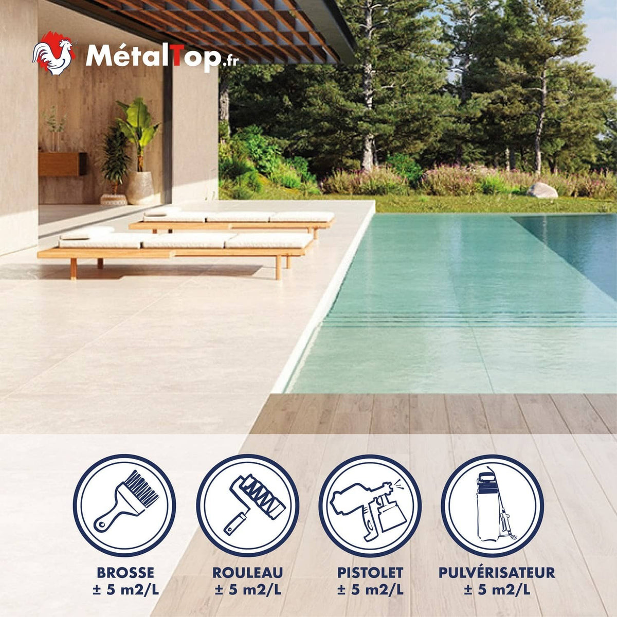 Terrasse beige, bains de soleil et piscine ; produit MétalTop au rouleau ou au pistolet