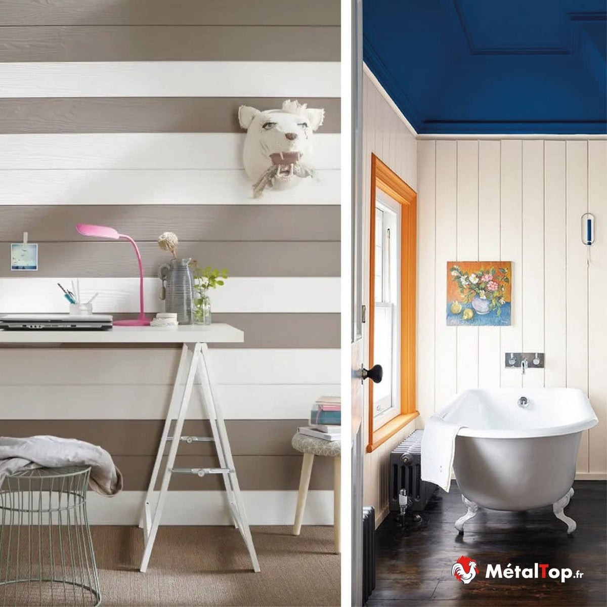 Bureau blanc sous mur à lames taupe et blanches; salle de bain avec baignoire et plafond bleu