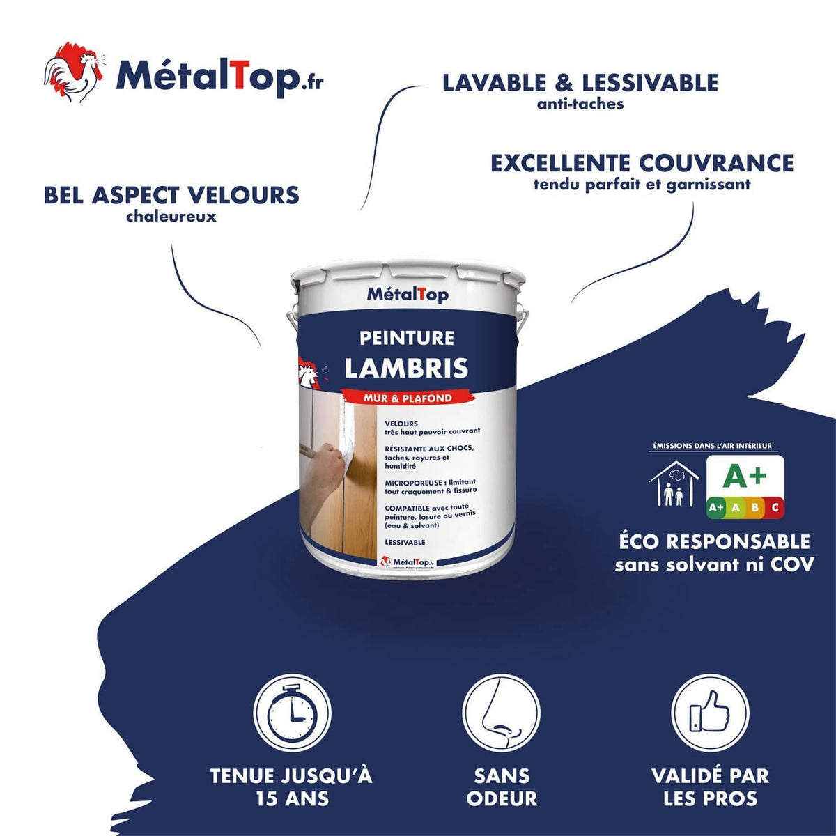 Pot de peinture MétalTop Lambris velours pour mur et plafond, lavable, écologique A+