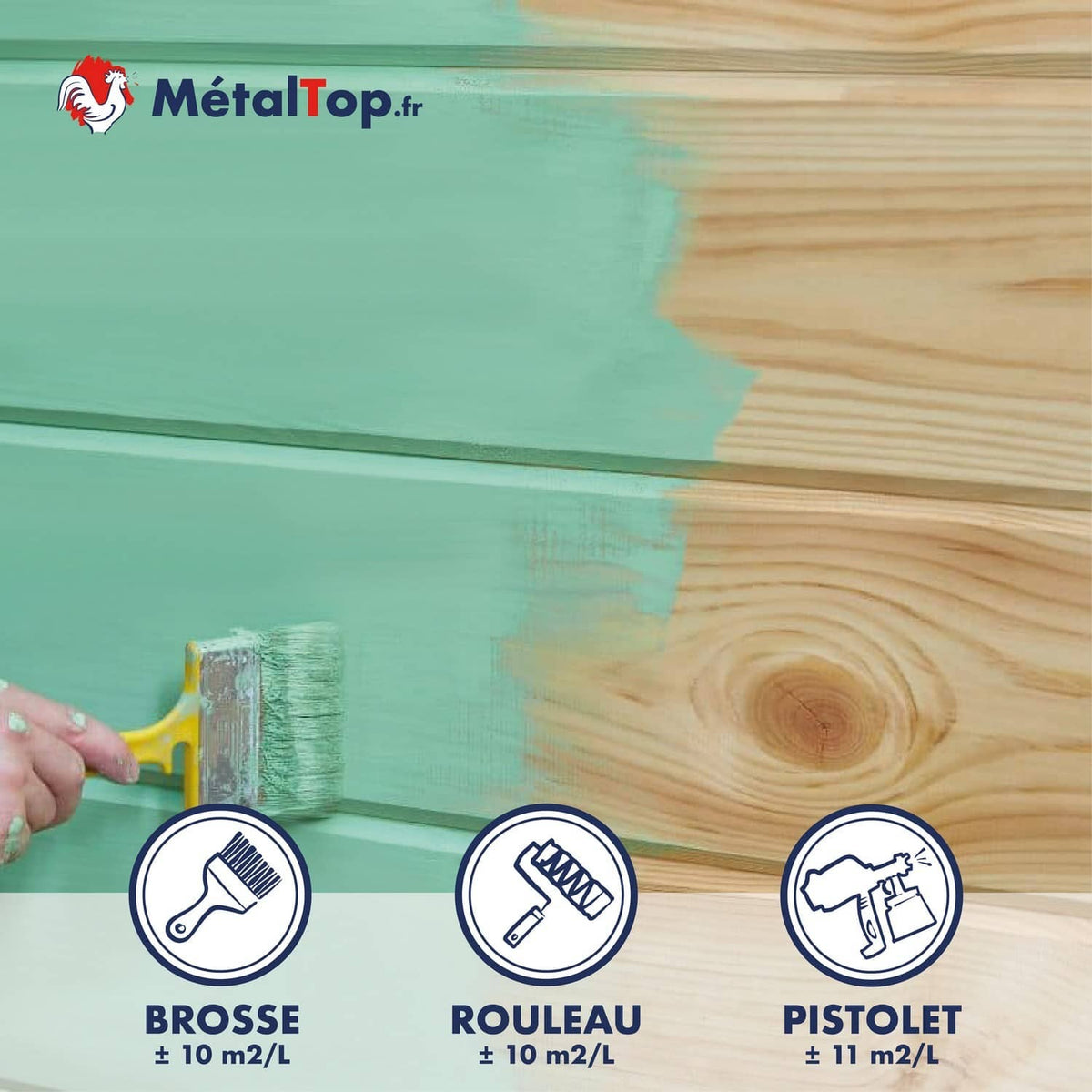 Bois de pin peint en vert à la brosse, avec rendements brosse, rouleau et pistolet MétalTop