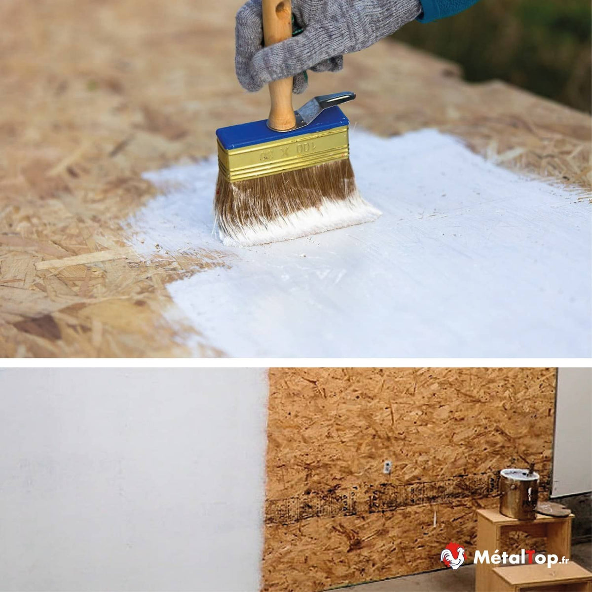 Peinture blanche appliquée au pinceau sur un panneau OSB, à côté d'un mur peint en blanc