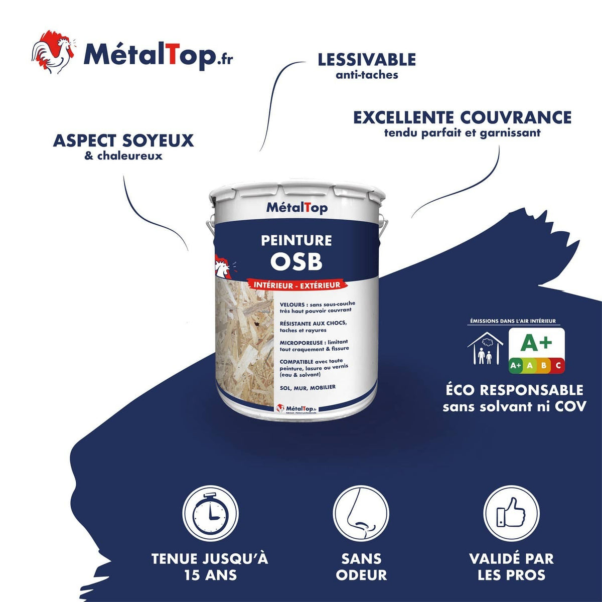 Pot de peinture MétalTop pour OSB, finition velours, intérieur et extérieur, éco-responsable A+