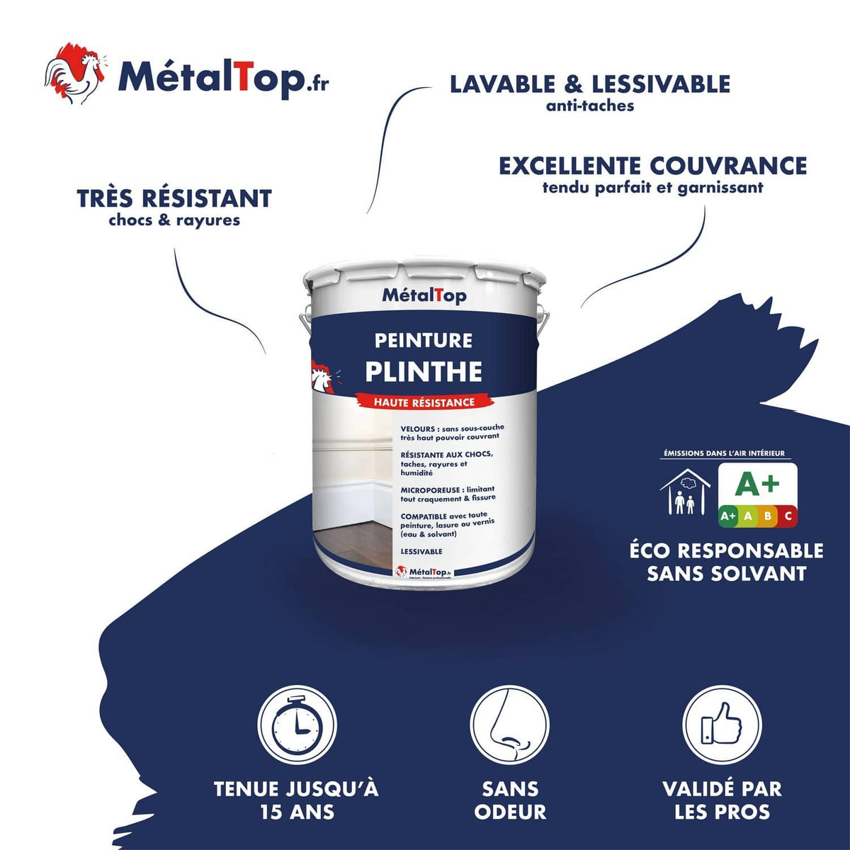 Pot de peinture MétalTop Plinthe haute résistance, finition velours, lavable et sans solvant
