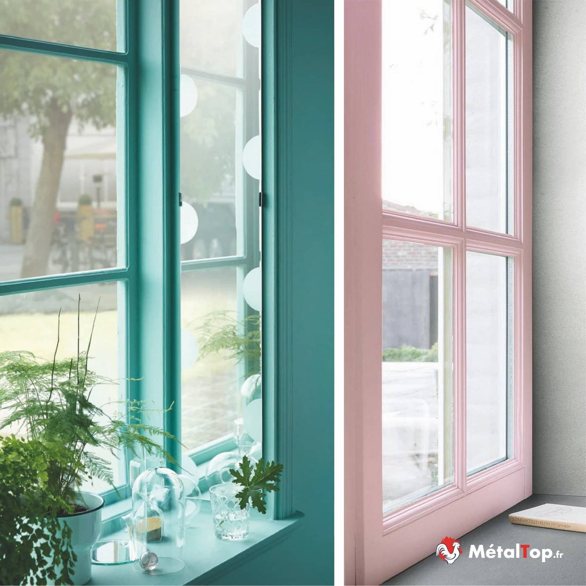 Fenêtres peintes en turquoise avec plantes vertes, et fenêtre rose pastel