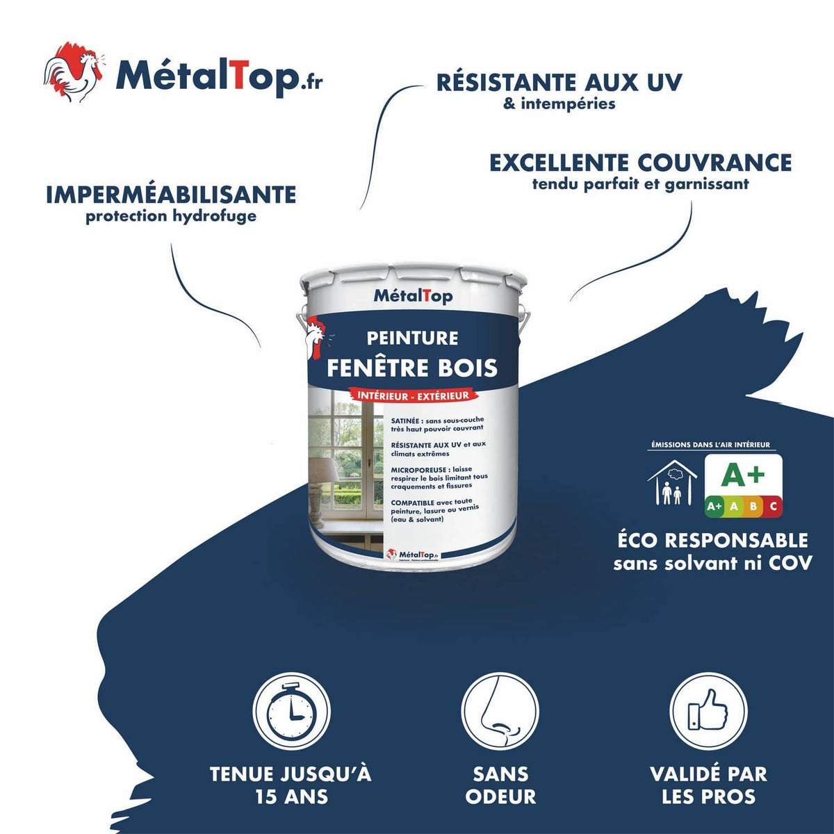 Pot de peinture MétalTop pour fenêtre bois, intérieur et extérieur, résistante aux UV