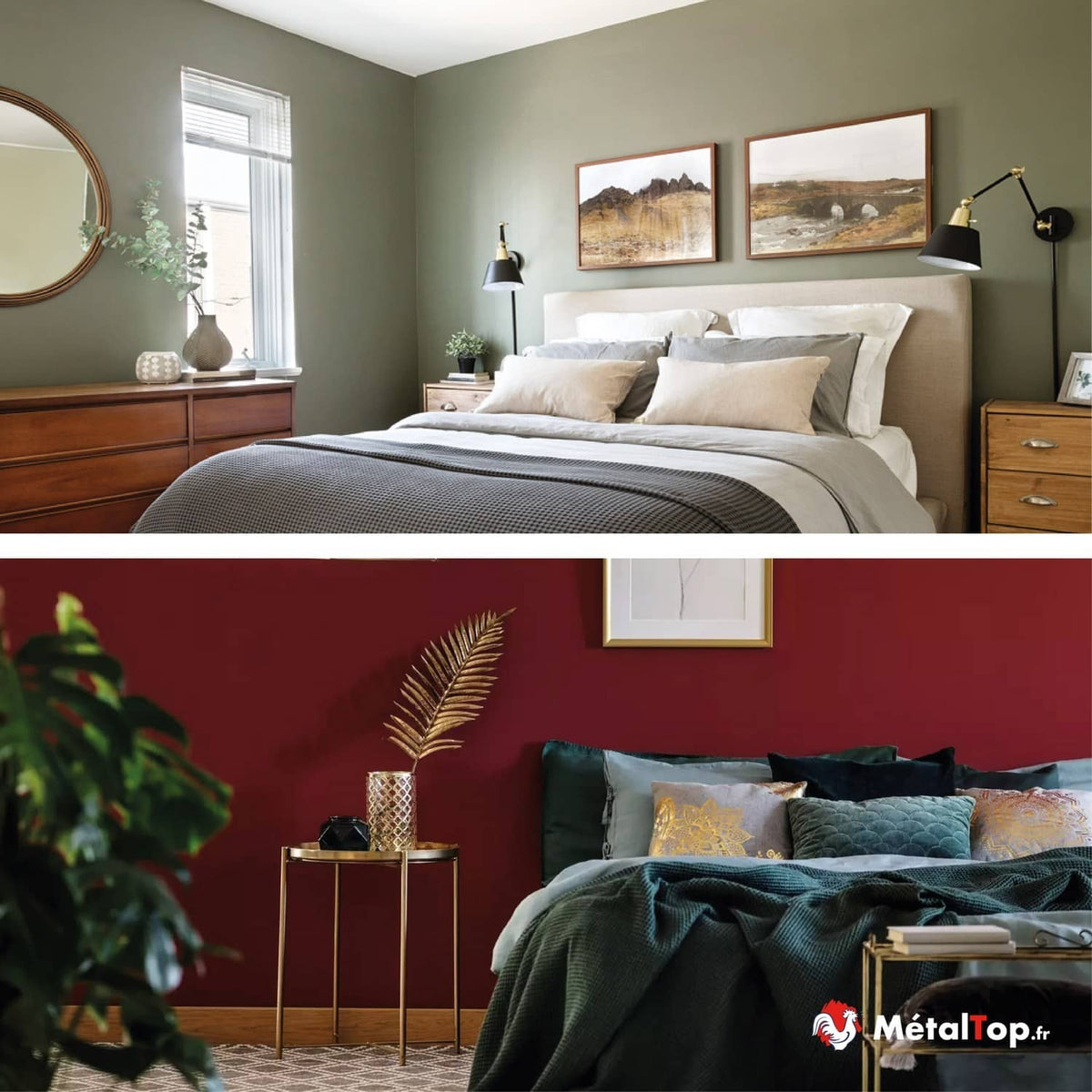 Chambres aux murs vert sauge et bordeaux avec linge de lit neutre ou vert sapin, et accents dorés