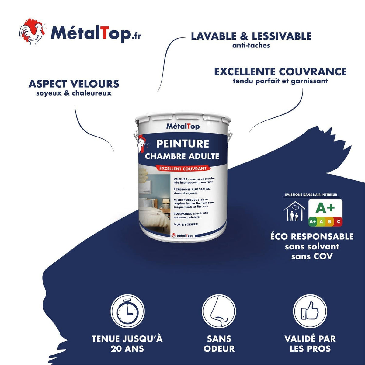Pot de peinture chambre adulte MétalTop, finition velours, aspect lavable et excellent couvrant