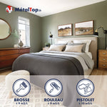 Peinture vert sauge MétalTop dans une chambre avec lit beige et commode en bois