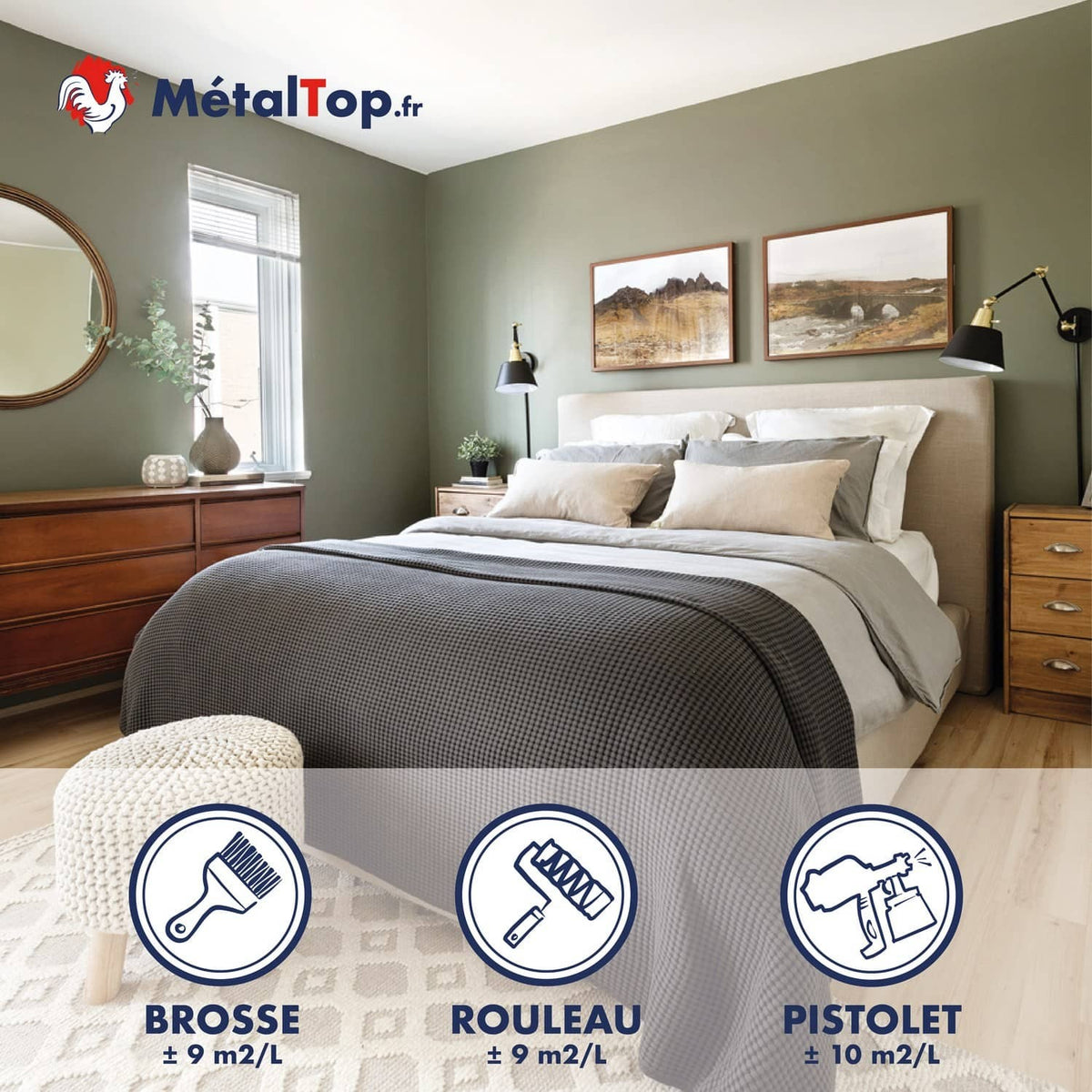 Peinture vert sauge MétalTop dans une chambre avec lit beige et commode en bois