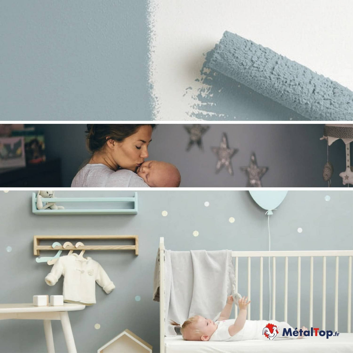 Chambre de bébé peinte en bleu gris avec berceau blanc, étagères et décorations