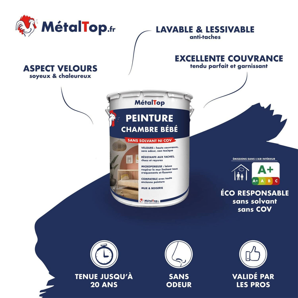 Pot de peinture chambre bébé MétalTop effet velours, sans solvant ni COV, classe A+