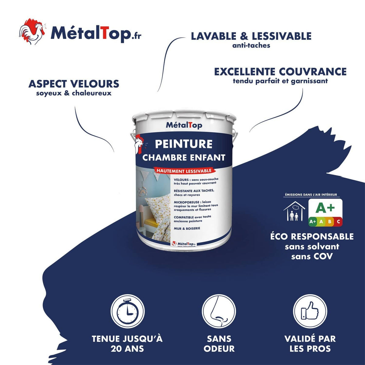 Pot de peinture MétalTop Chambre enfant, lavable et aspect velours, sur fond bleu marine
