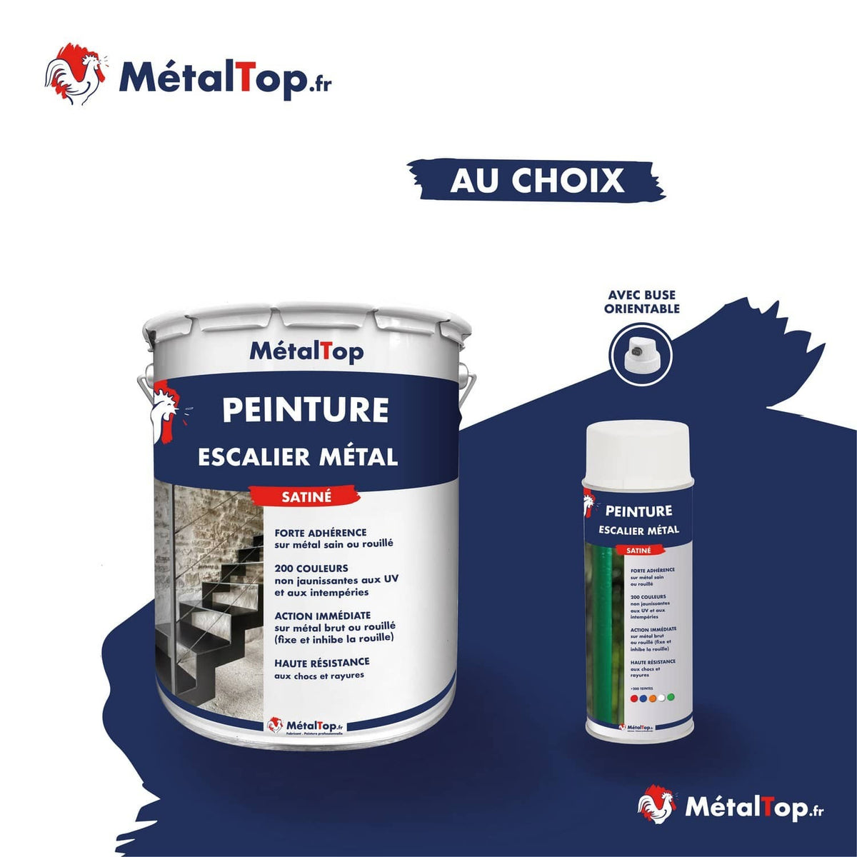 Pot de peinture MétalTop escalier métal satiné bleu marine et bombe aérosol avec buse orientable