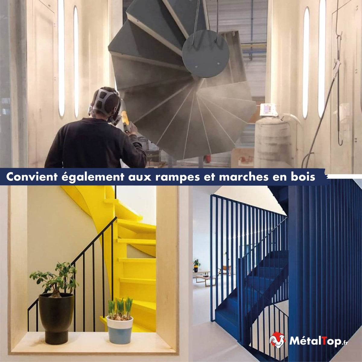 Rampes et marches en bois peintes en jaune et bleu, et escalier en colimaçon gris peint en cabine