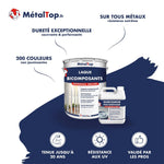 Pot de laque bicomposant antirouille brillant MetalTop et bidon de durcisseur polyuréthane