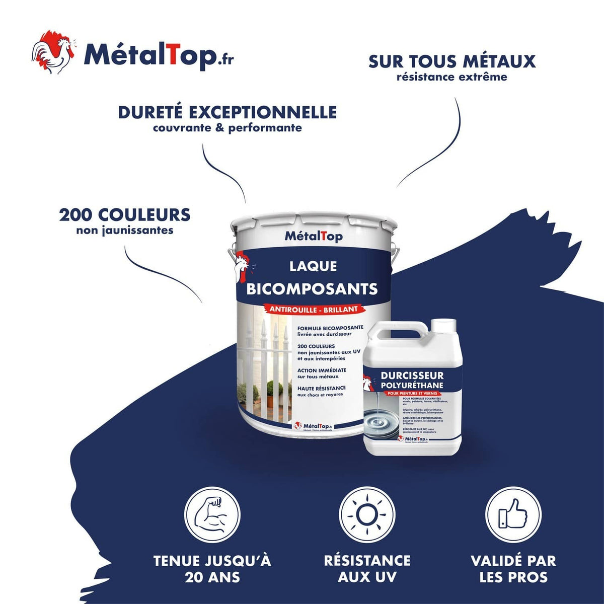 Pot de laque bicomposant antirouille brillant MetalTop et bidon de durcisseur polyuréthane