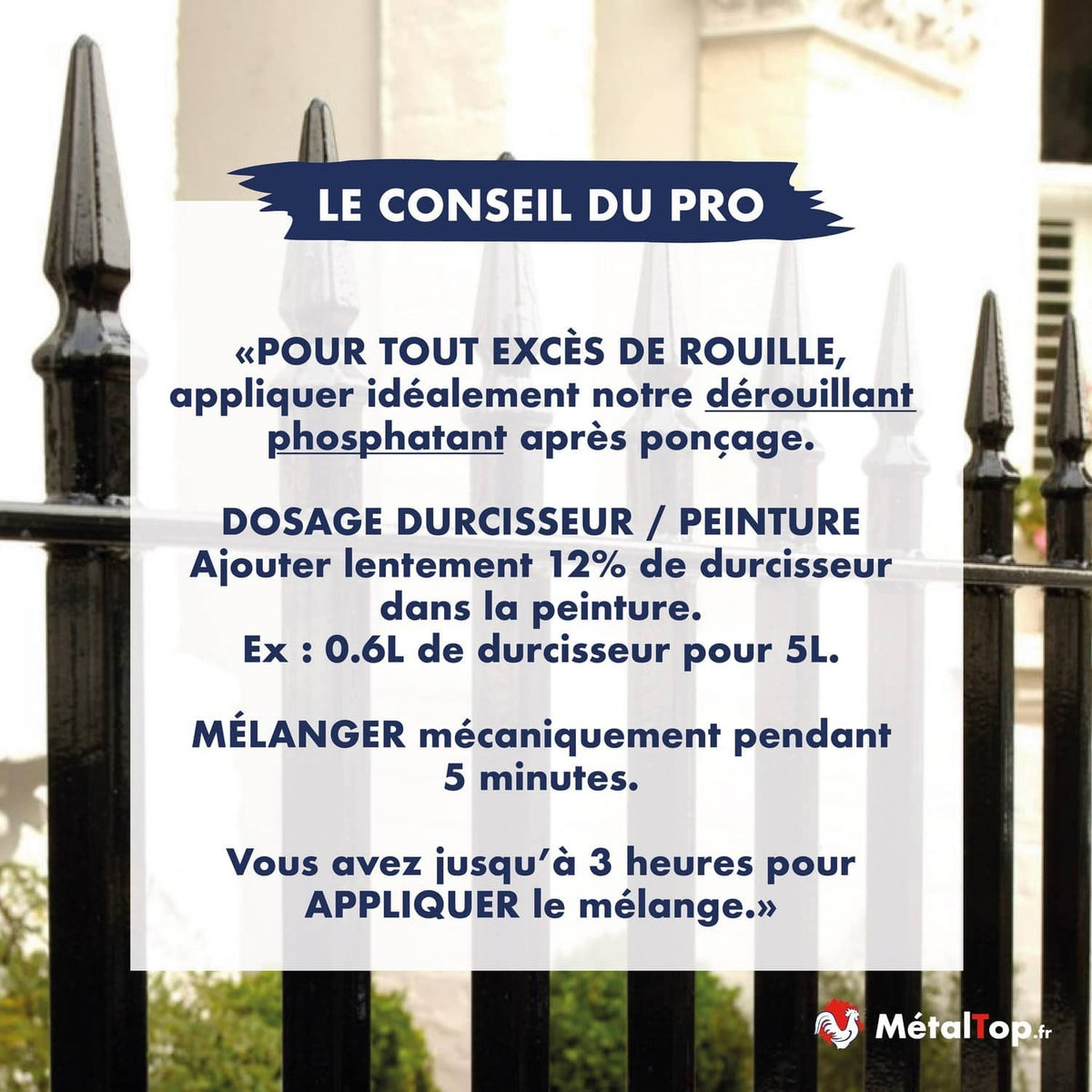 Conseil du pro MétalTop : dosage du durcisseur à 12 % dans la peinture, pour grille noire