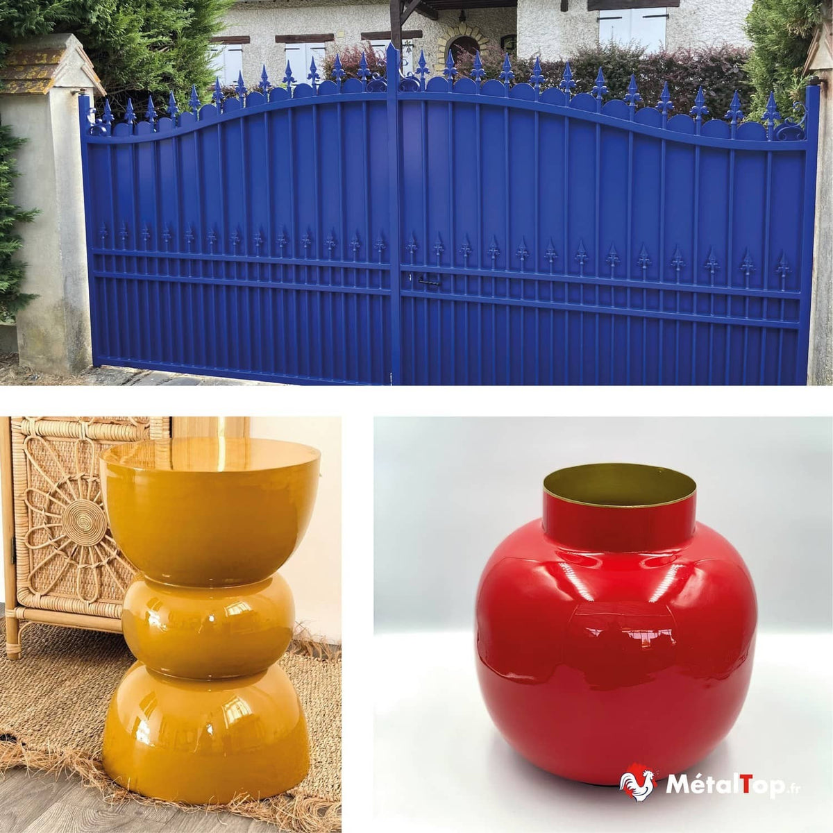 Portail bleu à fleurons, vase rouge brillant et table d'appoint jaune moutarde laquée