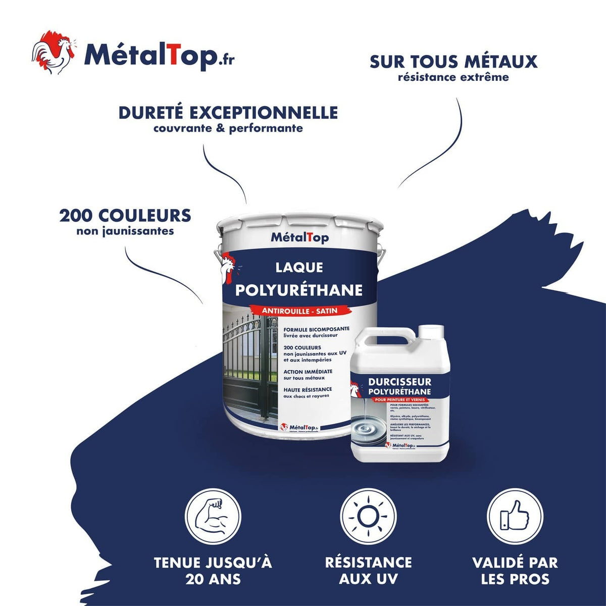 Pot de laque polyuréthane MétalTop antirouille satin et son durcisseur, sur fond bleu marine