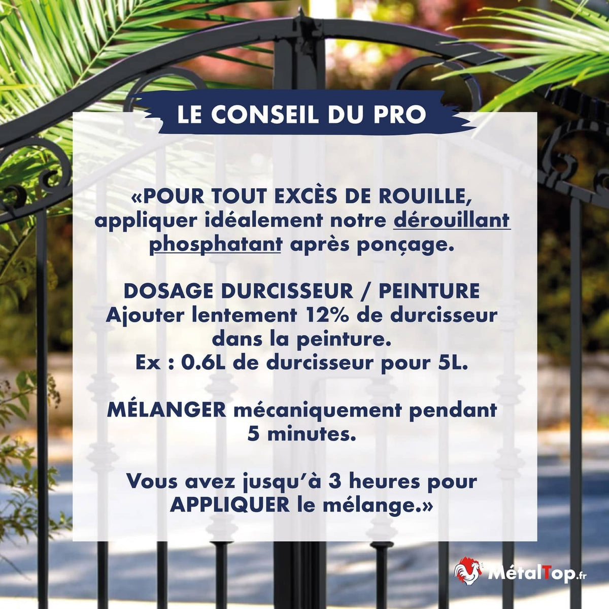Conseil pro MétalTop : dosage du durcisseur à 12% dans la peinture pour portail en fer forgé