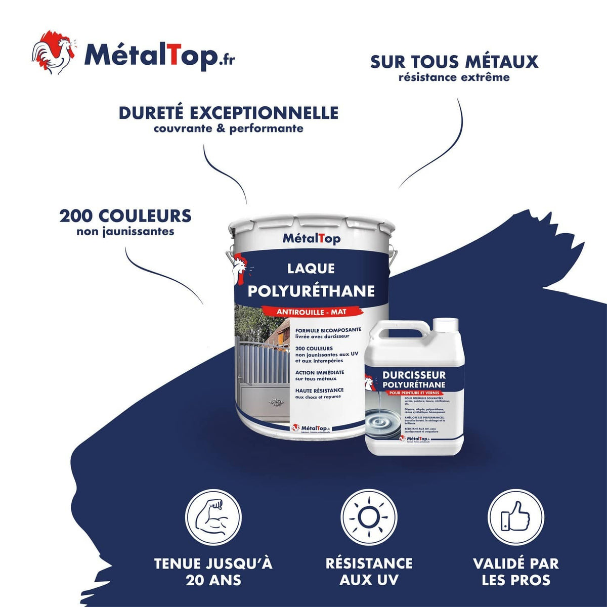 Pot de laque polyuréthane antirouille mat MétalTop et bidon de durcisseur associé