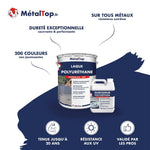 Pot de laque polyuréthane antirouille mat MétalTop et bidon de durcisseur associé