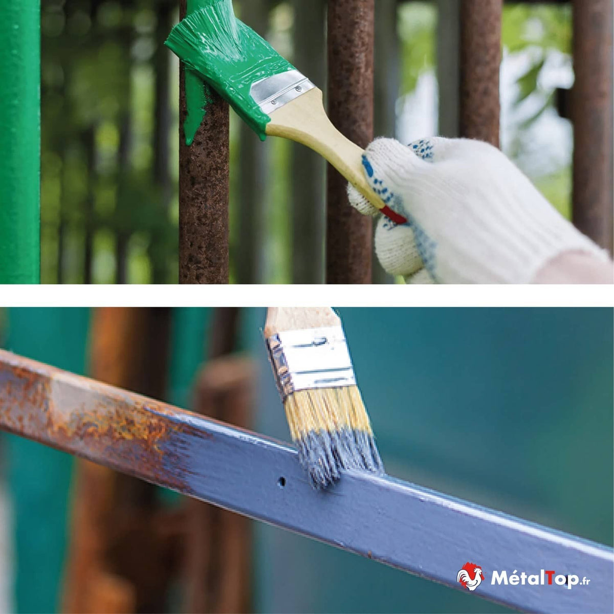Application de peinture antirouille au pinceau sur des barreaux et une barre métallique rouillés