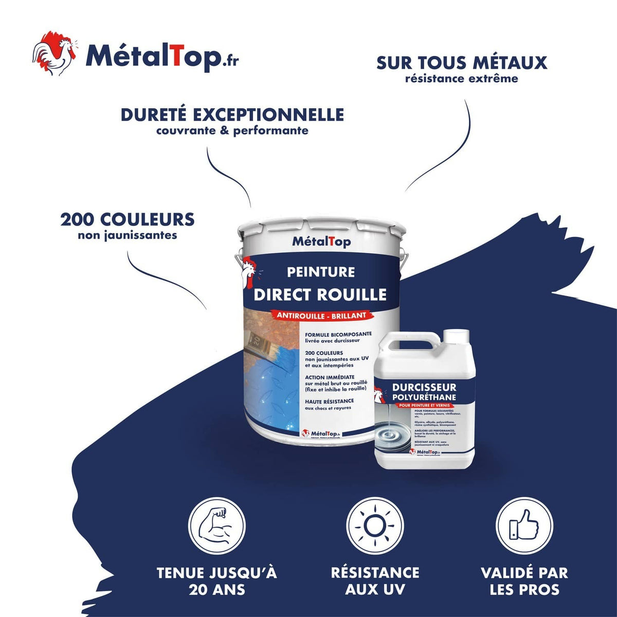 Pot de peinture antirouille MétalTop Direct Rouille et son durcisseur polyuréthane