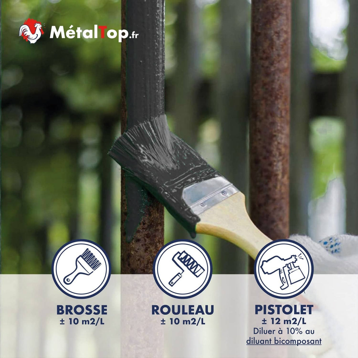 Peinture métal anthracite appliquée à la brosse sur un poteau rouillé, produit MétalTop