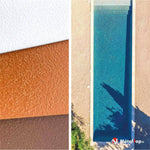 Enduits texturés blanc, orange et marron, et piscine turquoise vue du dessus