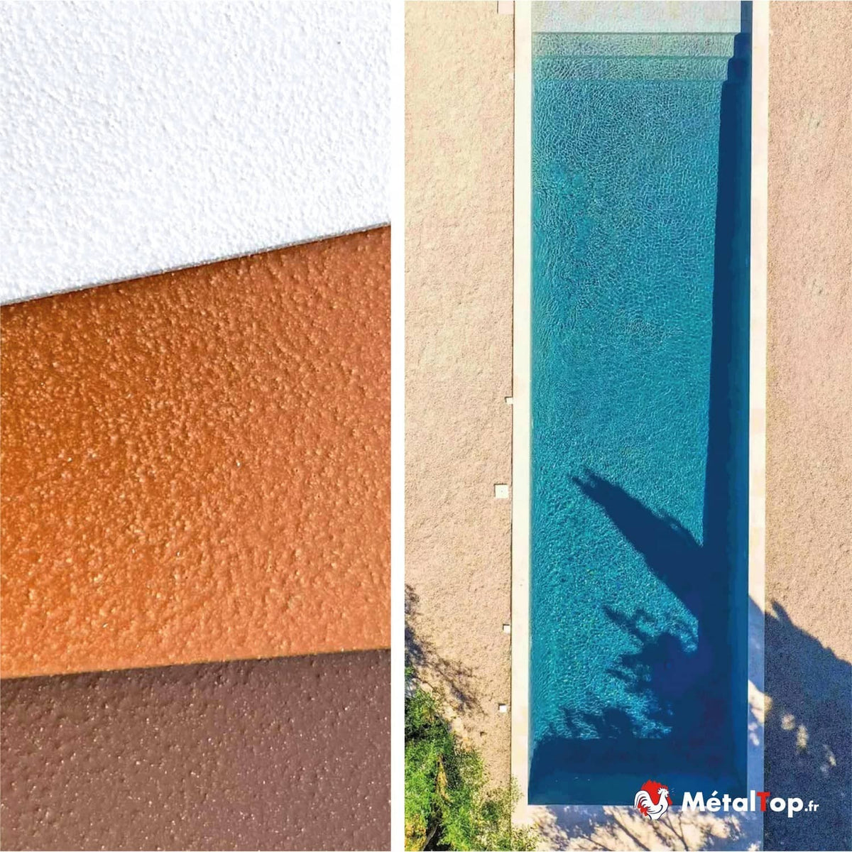 Enduits texturés blanc, orange et marron, et piscine turquoise vue du dessus