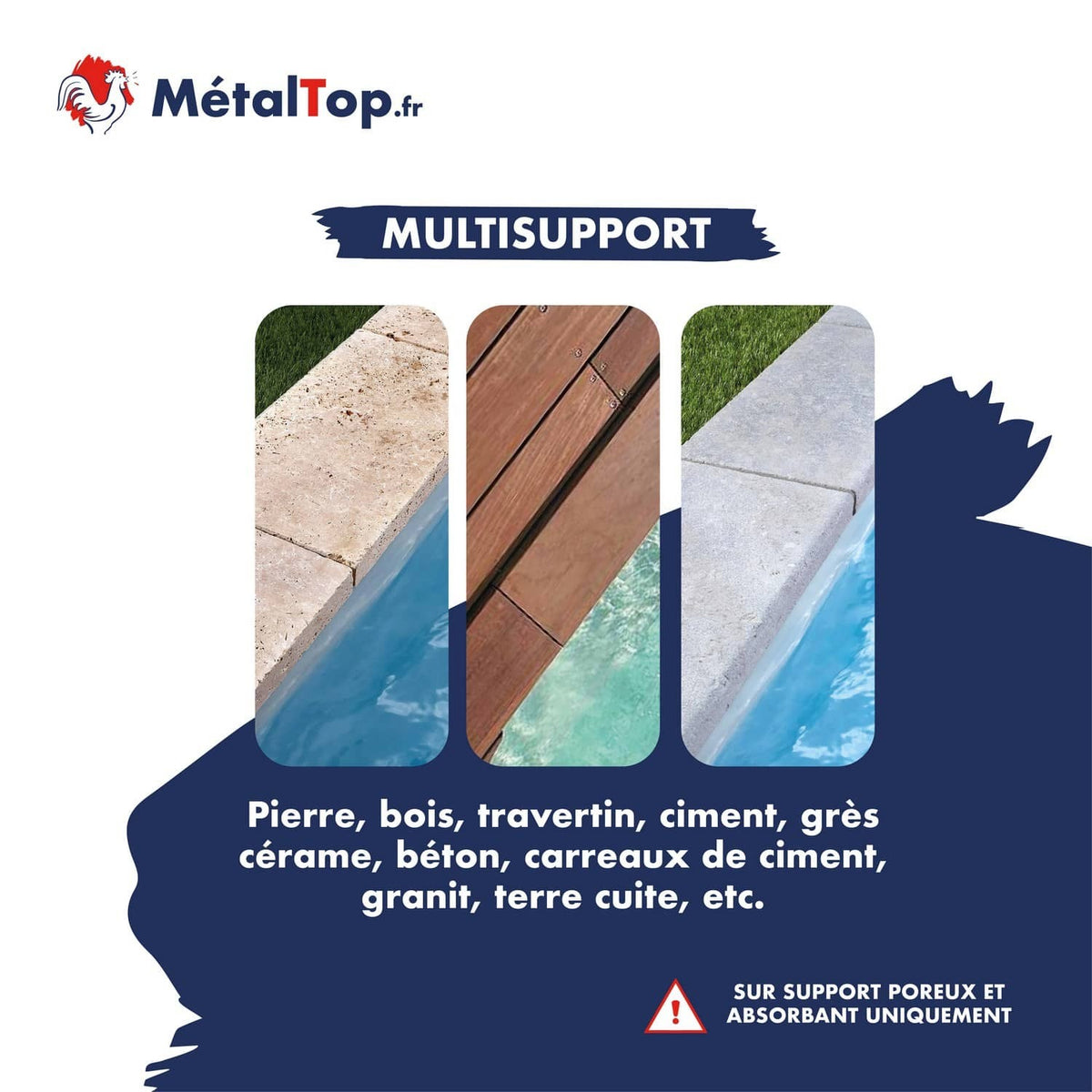 Margelles de piscine en travertin, pierre et bois, illustrant le traitement multisupport MétalTop