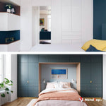 Chambre avec placards sur mesure bleu canard encadrant un lit aux draps roses et une peinture bleue